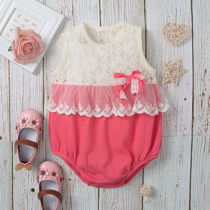 

Color Block Lace Stitching Solid Sleeveless Baby Romper