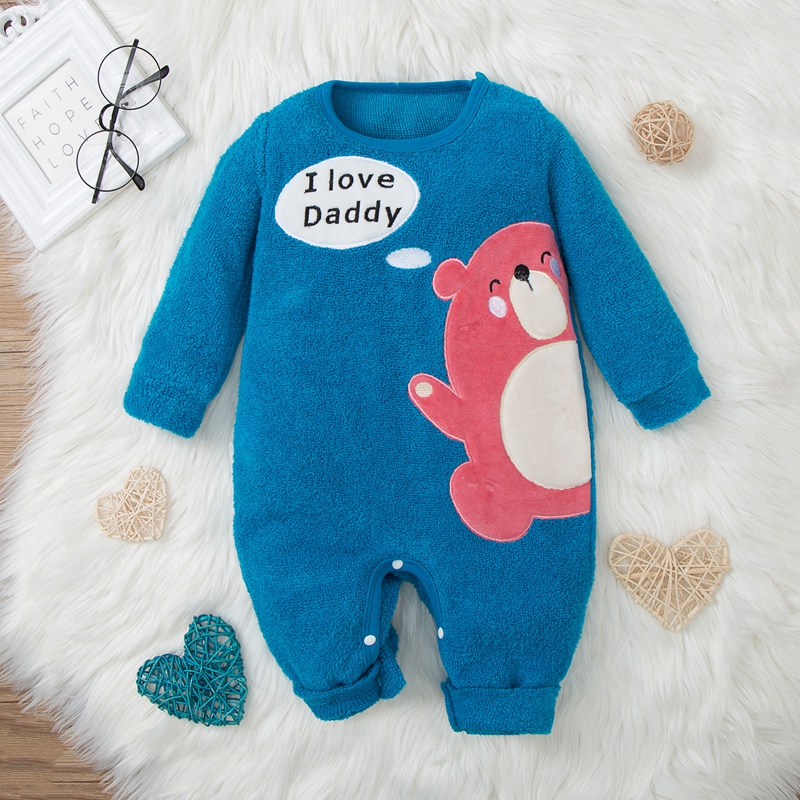 

Cartoon Bear and Letter Print Blue Long-sleeve Baby Jumpsuit