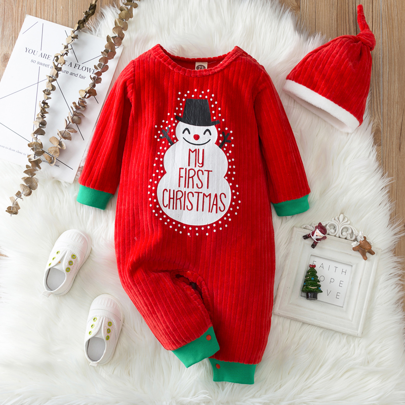 

2pcs Baby Christmas Snowman and Letters Print Red Long-sleeve Jumpsuit Set
