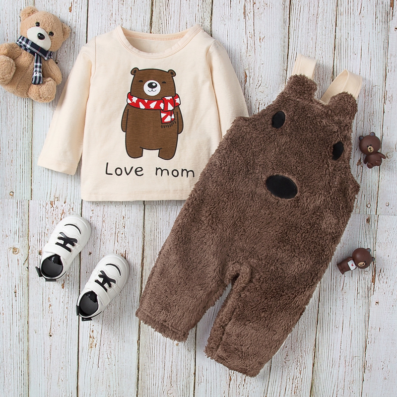 

Baby 2pcs Cartoon Bear and Long-sleeve Top and Fleece Overalls Set