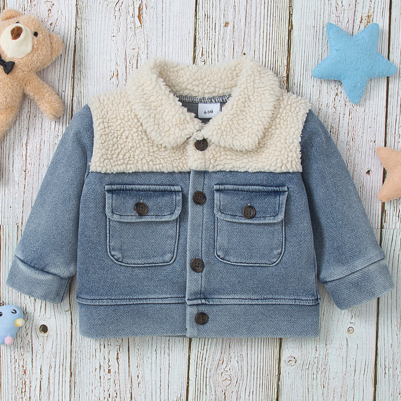 

100% Cotton Baby Fleece Lapel Collar Splicing Denim Jacket Outwear