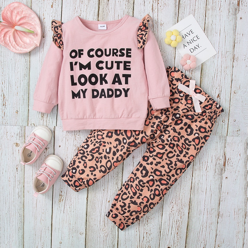 

100% Cotton 2pcs Letter and Leopard Long-sleeve Baby Set