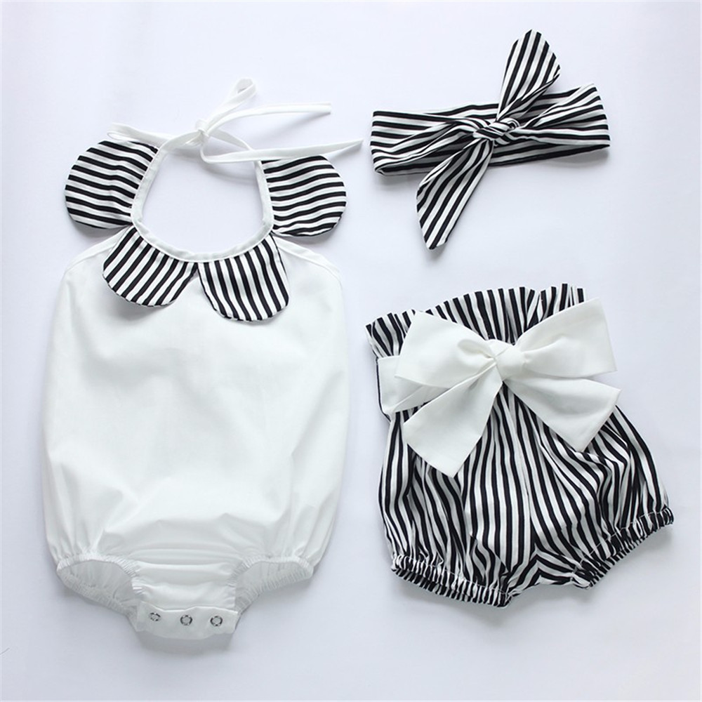

3-piece Baby Striped Style Strappy Bodysuit and Bow Shorts with Headband Set