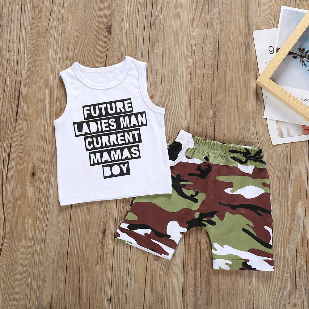 

Baby / Toddler Boy Letter Print Tank Top and Camouflage Shorts Set