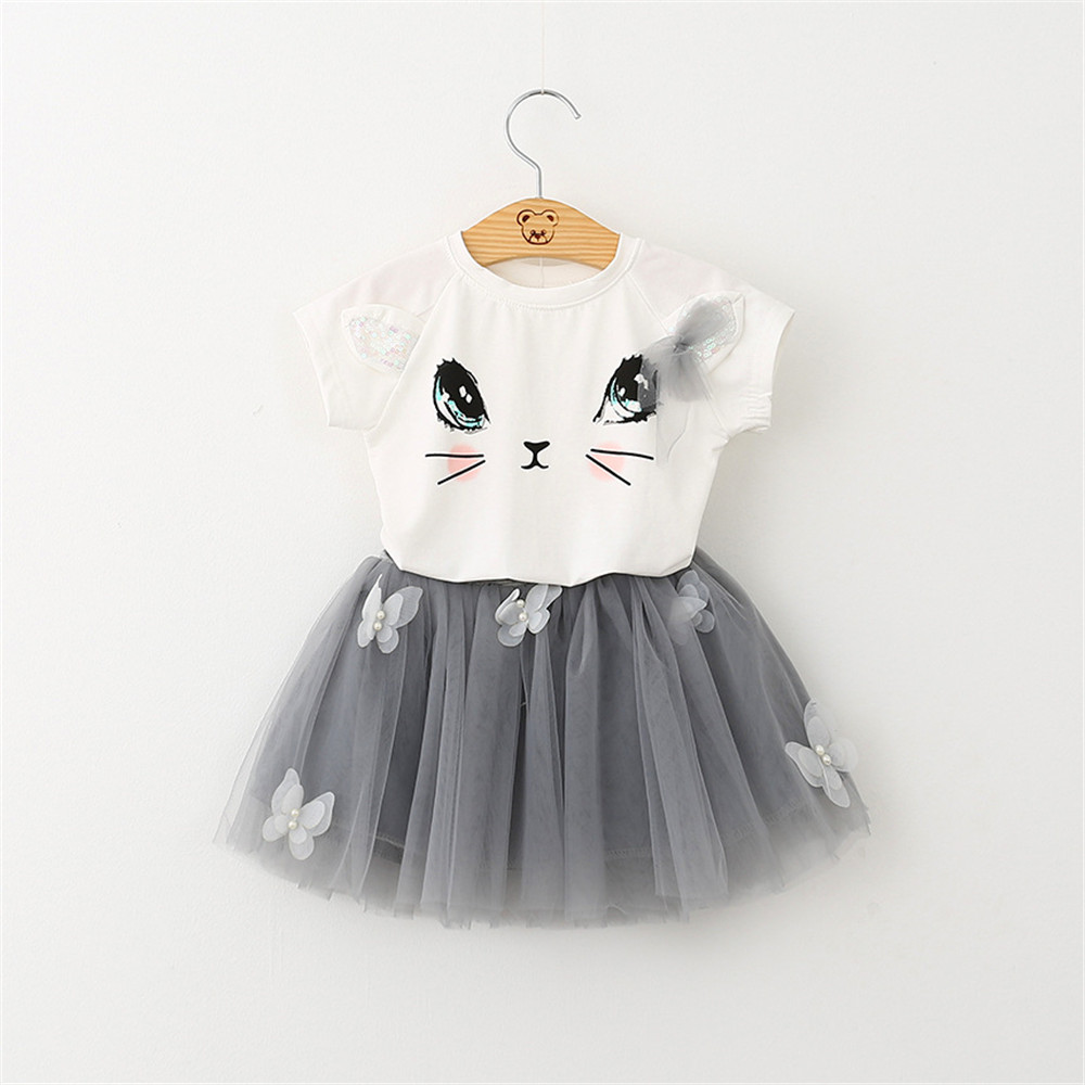 

Cat Print Tee and Butterfly Decor Tulle Skirt Set