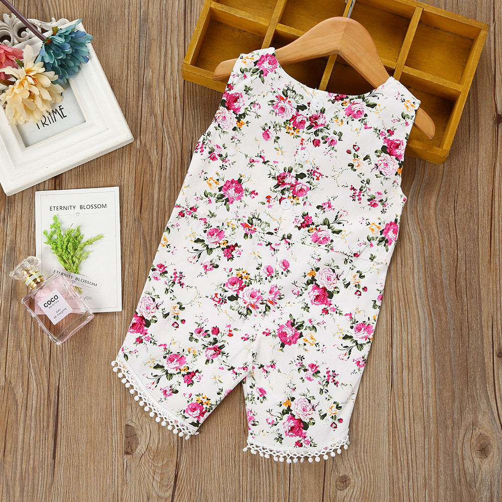 

Baby / Toddler Floral Pattern Allover Pompon Decor Sleeveless Jumpsuit