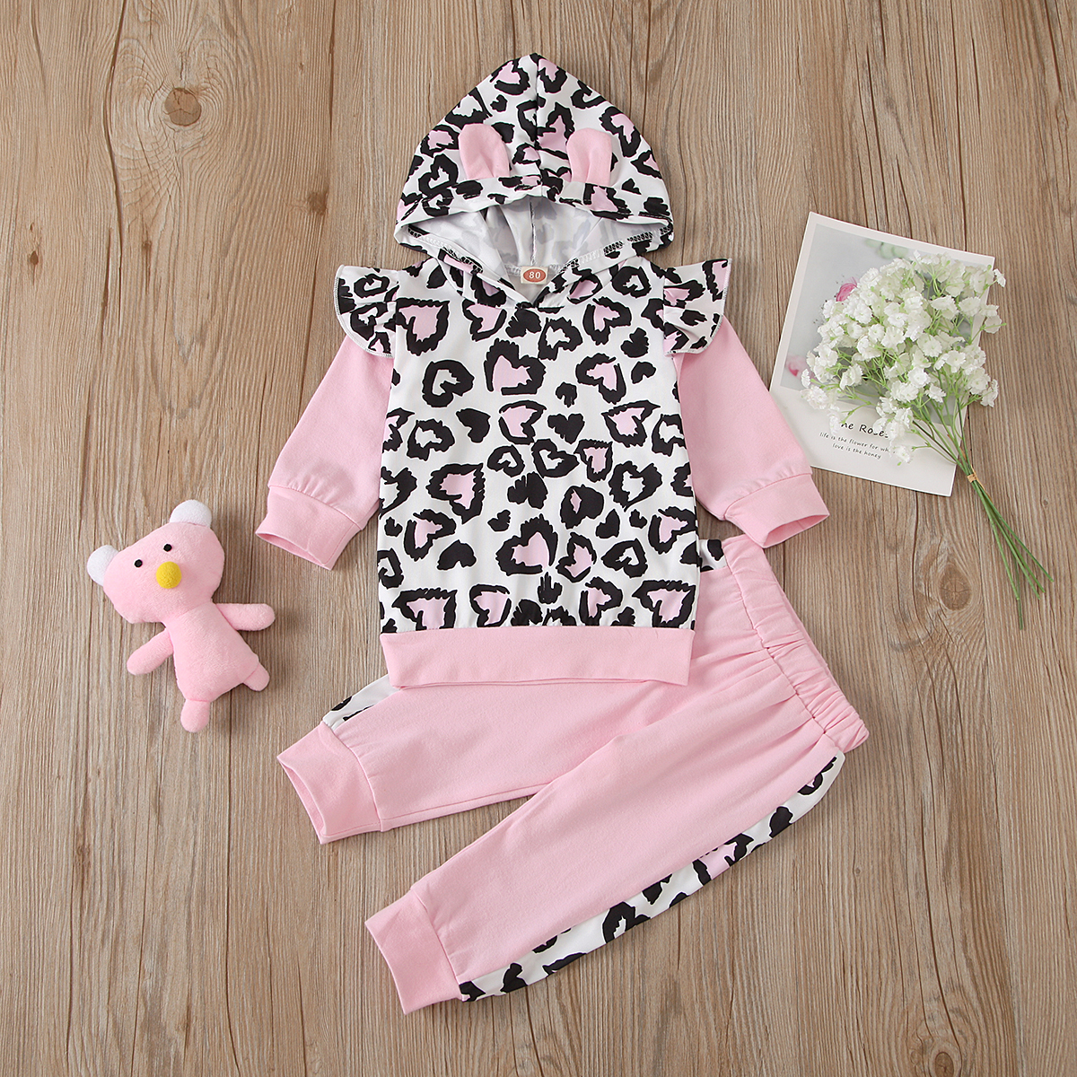 

2pcs Baby Girl Sweet Leopard Baby's Sets Hooded Cotton Fashion Long Sleeve Infant Clothing Outfits