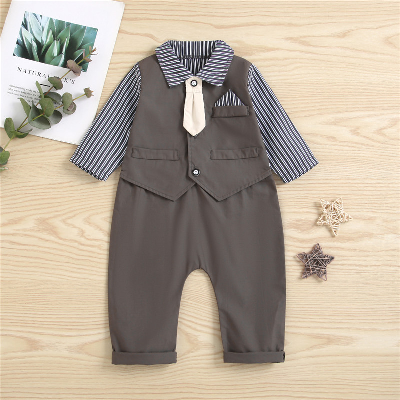 

100% Cotton Stripe Print Faux-two Design Long-sleeve Baby Jumpsuit