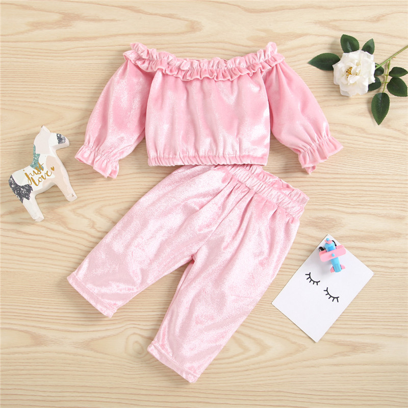 

2pcs Solid Off Shoulder Ruffle Decor Long-sleeve Pink Baby Set