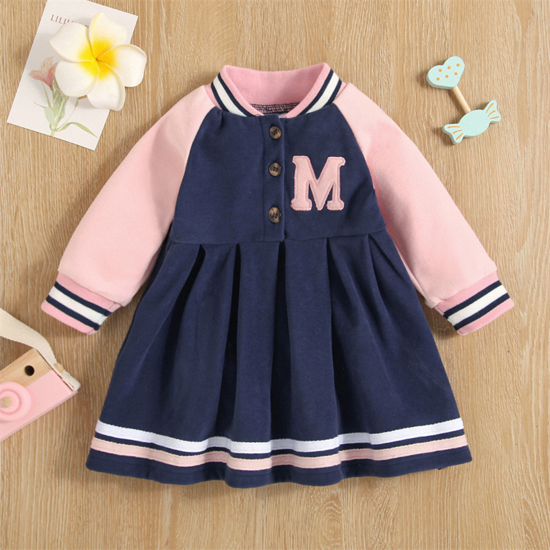 

Letter Embroidered Button Down Long-sleeve Baby Baseball Dress