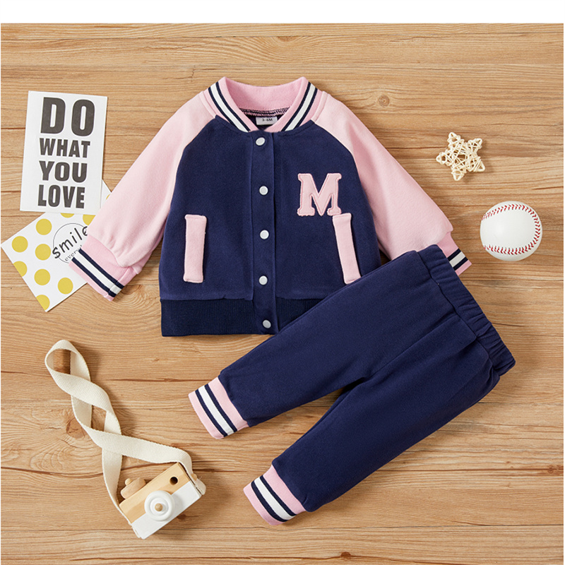 

2pcs Color Block Splice Long-sleeve Blue Baby Set