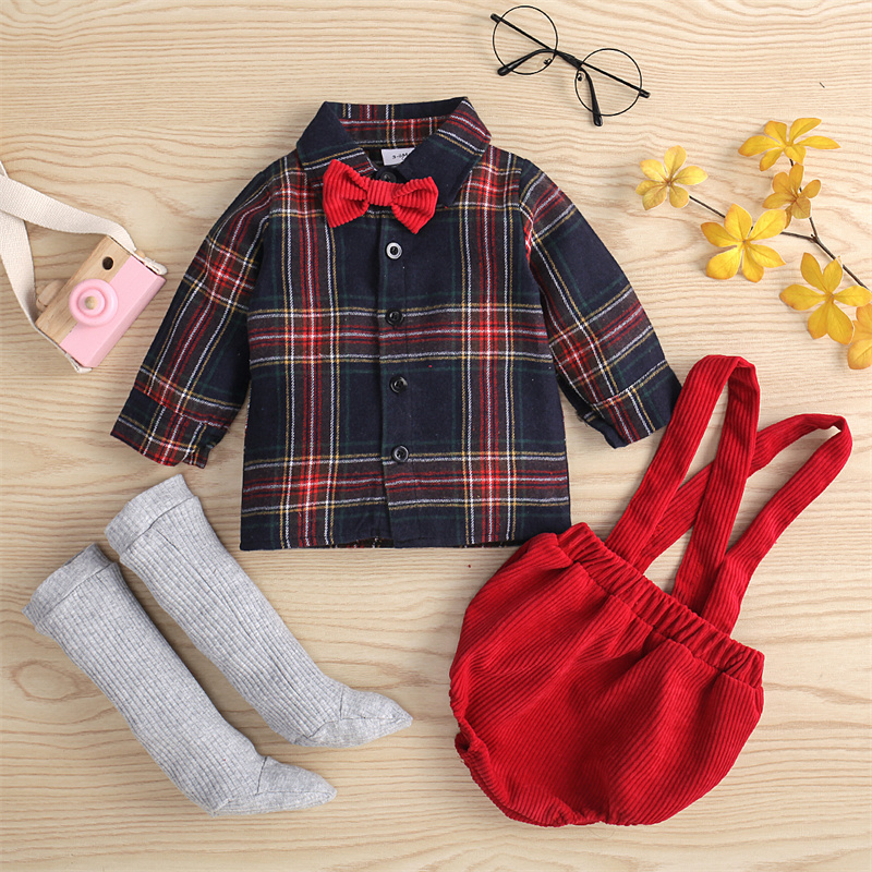 

100% Cotton 3pcs Baby Bow Tie Long-sleeve Plaid Shirt and Suspender Shorts with Knee High Socks Set