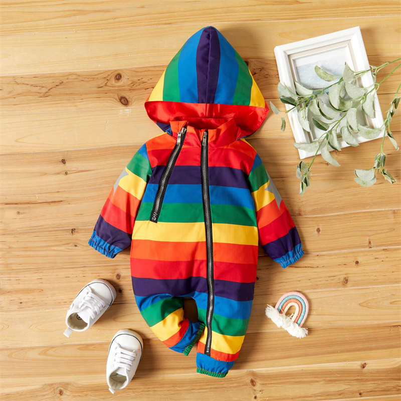 

Baby Multi-color Rainbow Striped Cotton Long-sleeve Hooded Zip Jumpsuit