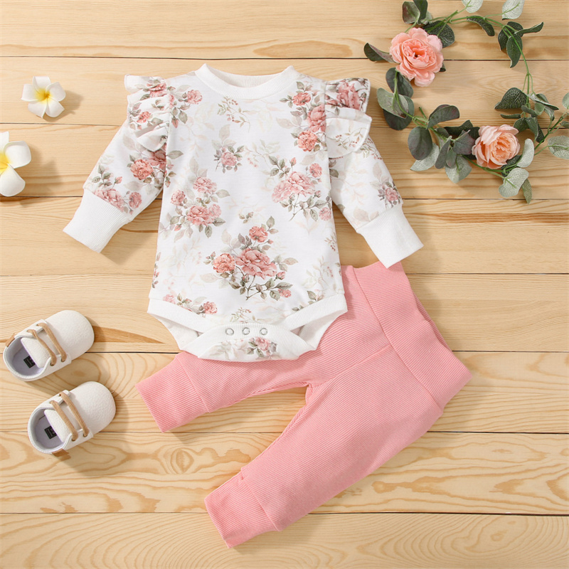 

100% Cotton 2pcs Baby Floral Print Ruffle Long-sleeve Romper and Solid Trousers Set