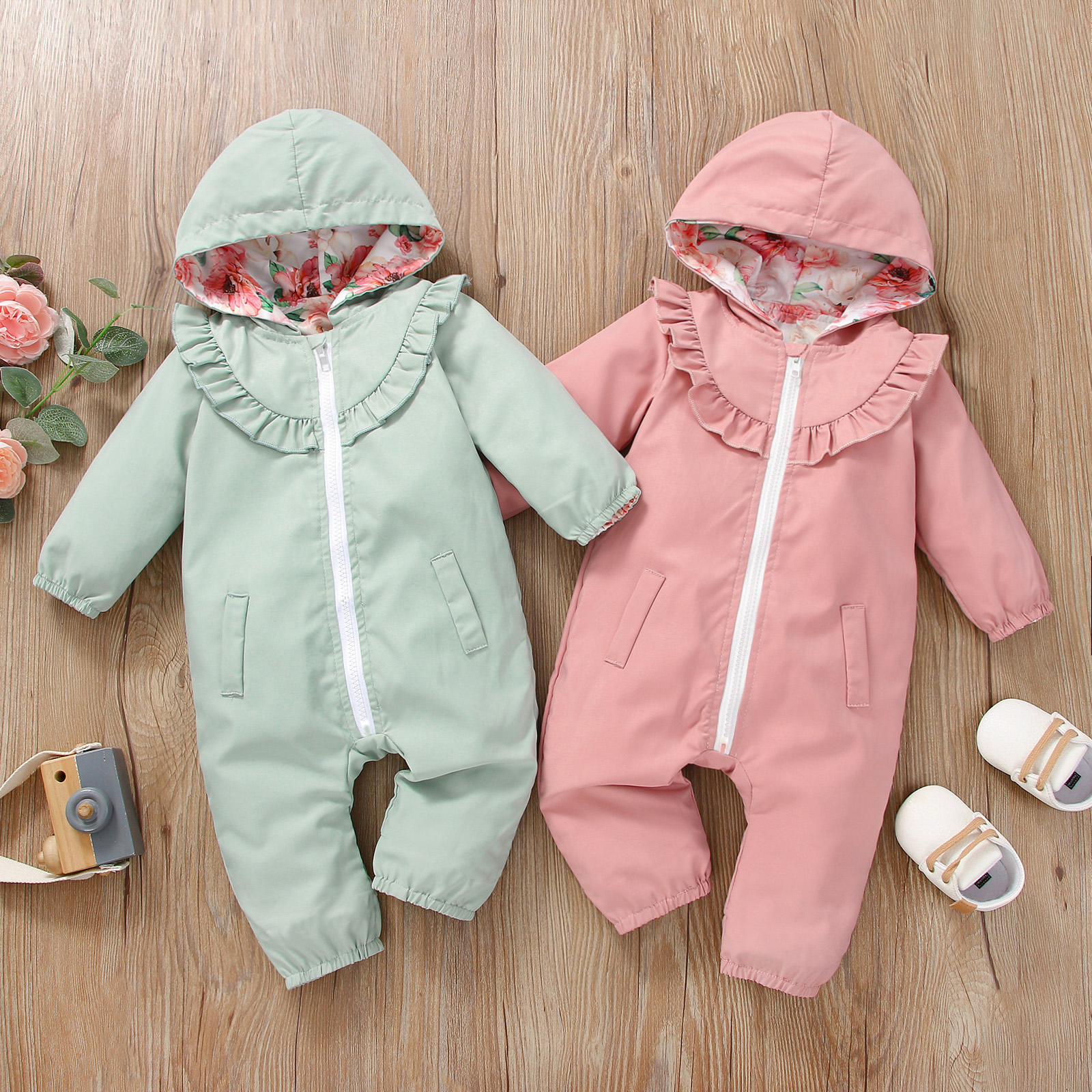 

100% Cotton Baby Girl Solid Hooded Long-sleeve Ruffle Zip Jumpsuit