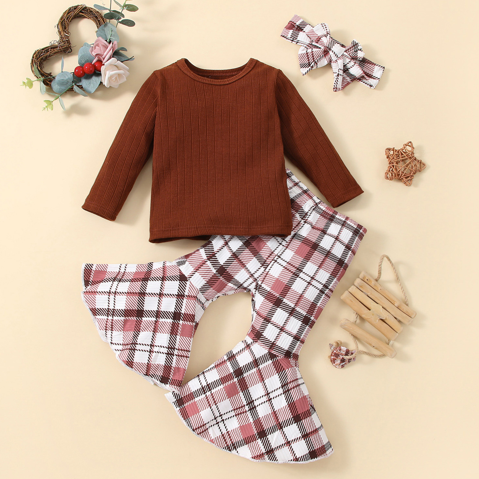 

3pcs Baby Girl Coffee Ribbed Long-sleeve Tee and Plaid Bell Bottom Pants Set