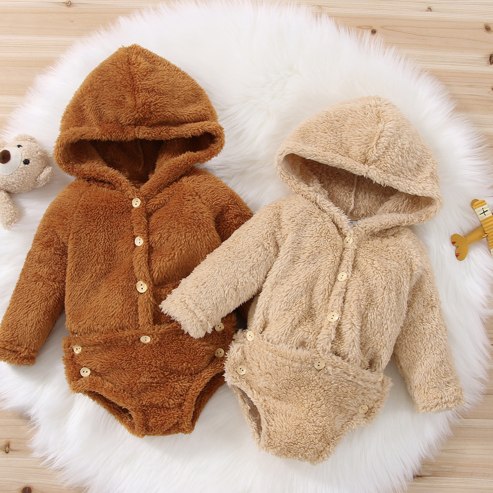 

100% Cotton Baby Boy/Girl Solid Fuzzy Fleece Button Long-sleeve Hooded Romper