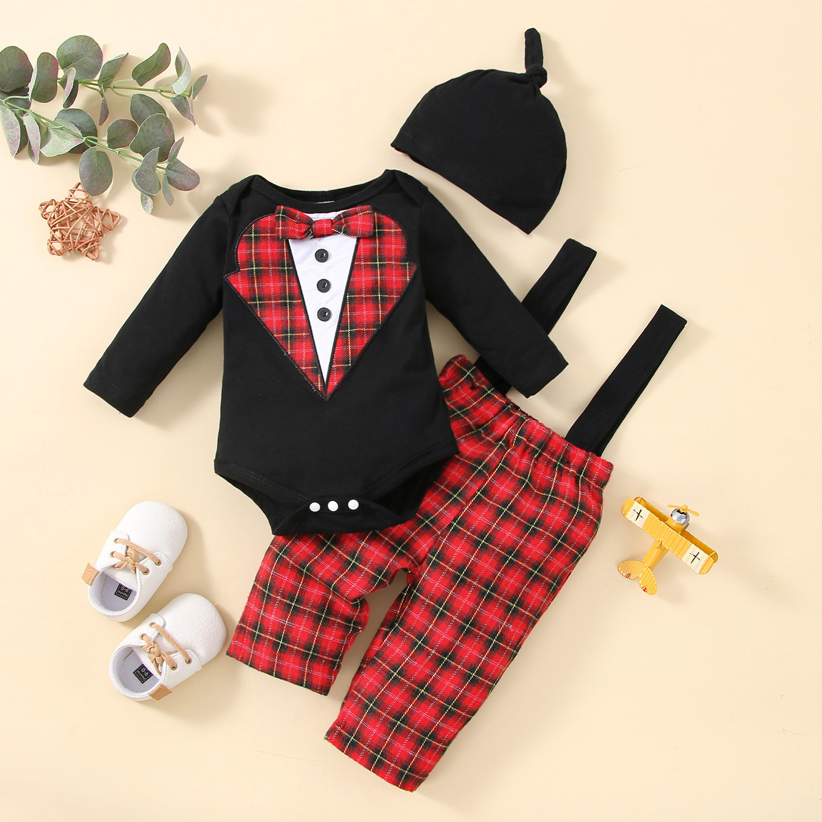 

100% Cotton 3pcs Baby Boy Long-sleeve Red Plaid Gentleman Party Romper and Overalls Set