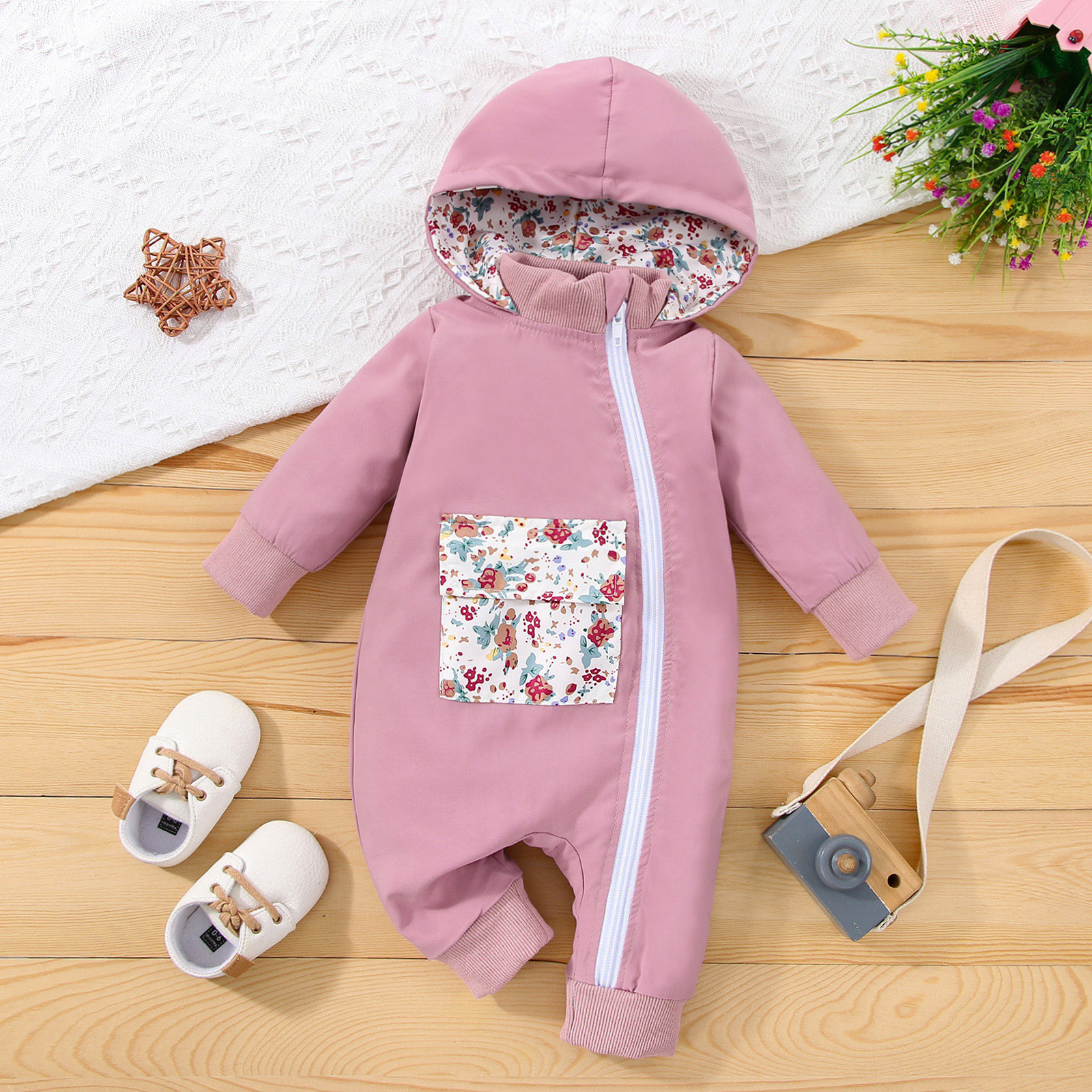 

100% Cotton Baby Girl Pink Splicing Floral Print Thickened Long-sleeve Hooded Zip Jumpsuit