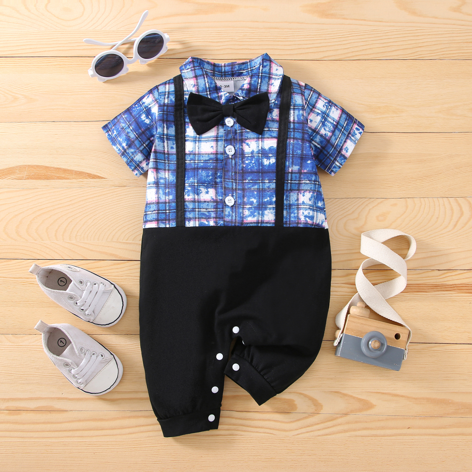 

100% Cotton Baby Boy Tie Dye Plaid Short-sleeve Faux-two Gentleman Bow Tie Jumpsuit