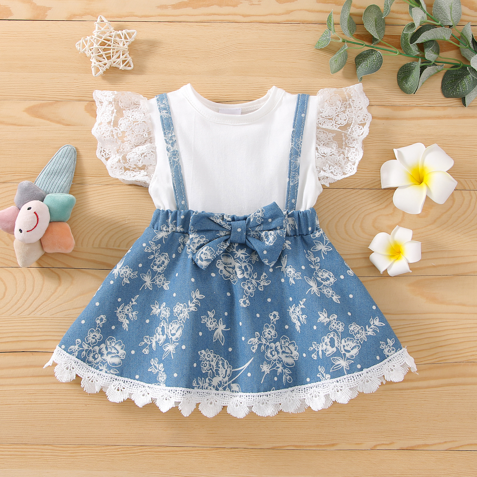 

100% Cotton Baby Girl Lace Flutter-sleeve Floral Print Denim Faux-two Bowknot Dress