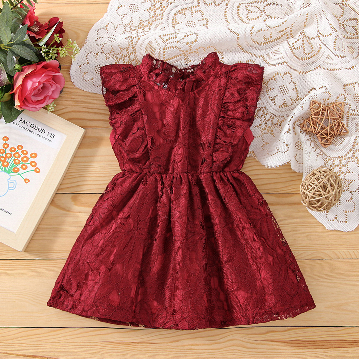 

Baby Girl Red Lace Ruffle Trim Tank Dress