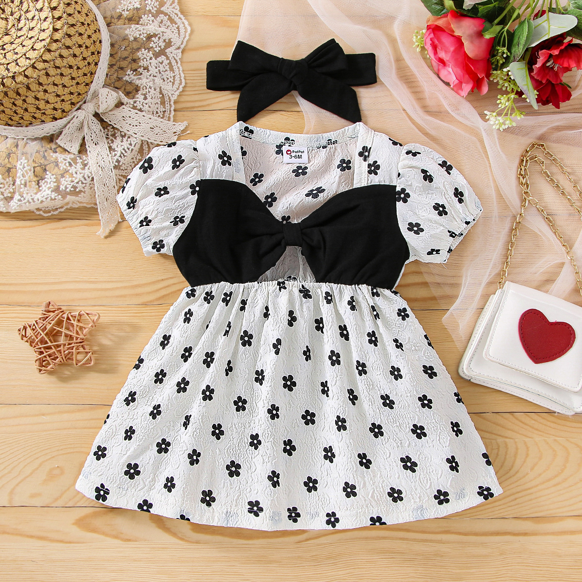 

100% Cotton 2pcs Baby Girl Allover Floral Print Puff-sleeve Bow Front Cut Out Textured Dress with Headband Set