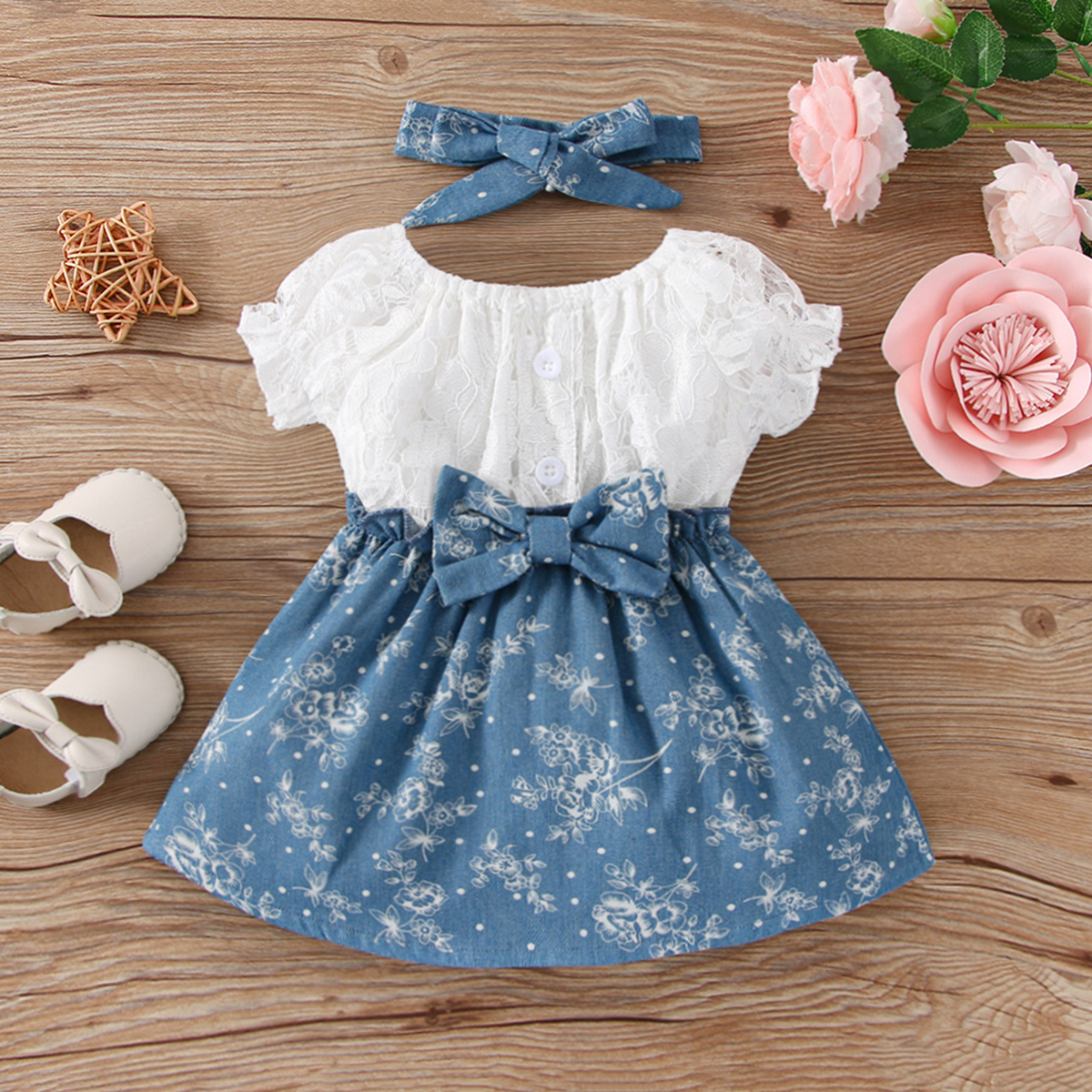 

2pcs Baby Girl 100% Cotton Denim Floral Print Spliced Lace Short-sleeve Dress with Headband Set