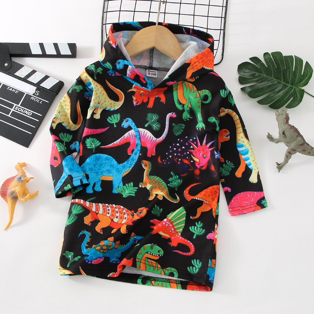 

Toddler Girl Colorful Animal Dinosaur Print Long-sleeve Hooded Sweatshirt Dress
