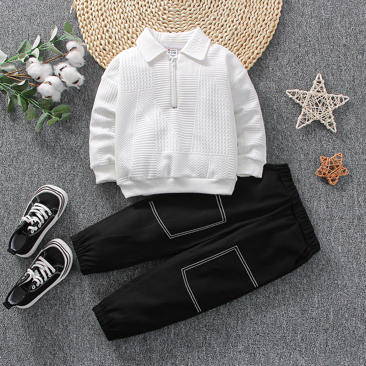 

2pcs Toddler Boy Lapel Collar Zipper Design Textured Sweatshirt and Black Pants Set