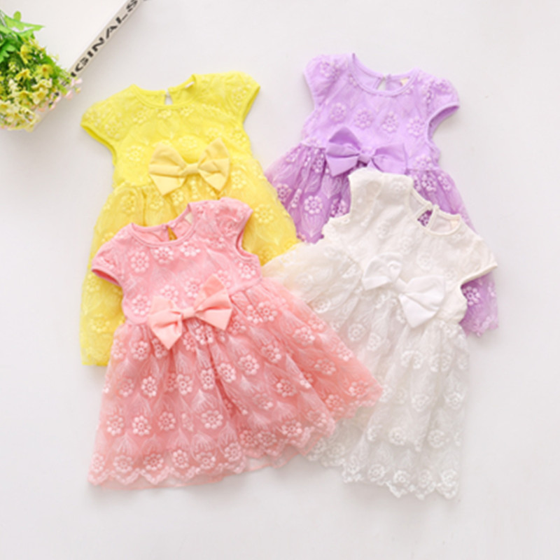 

Baby / Toddler Lace Flower and Bow Decor Cap-sleeve Dress