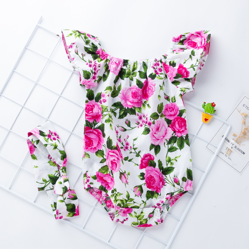 

Floral Print Ruffle Sleeve Baby Girls Bobysuit/Romper with Headband