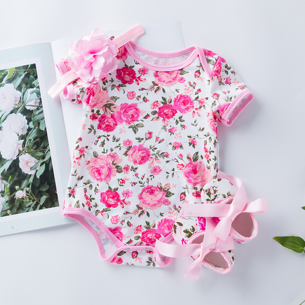 

Spring Floral Rose Bodysuit Jumpsuit Romper Shoes Headband Set 3-piece