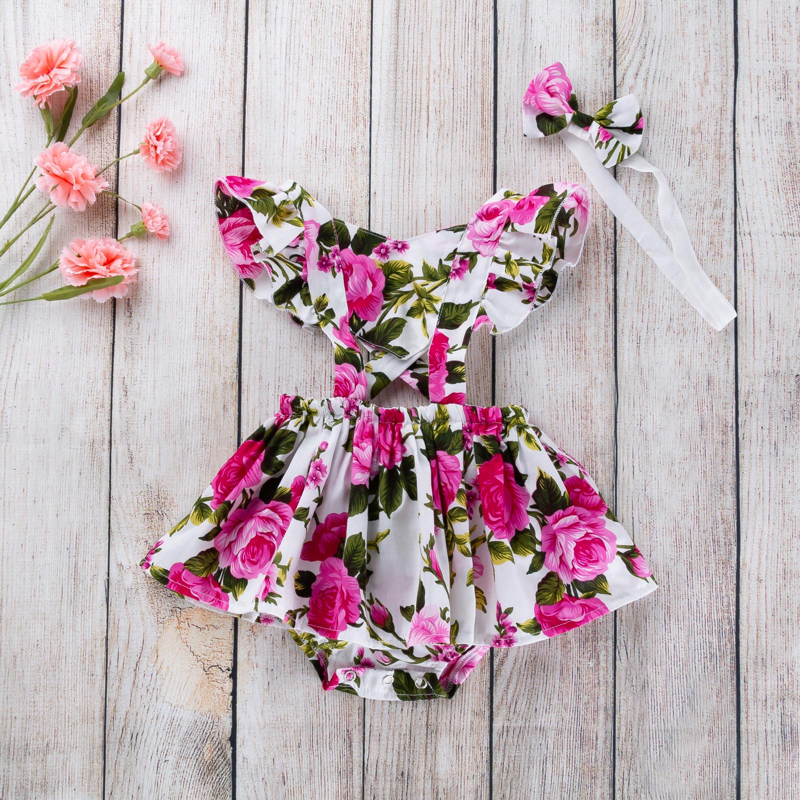 

Baby/Toddler Girls Rose Flower Print Ruffle-sleeve Romper Dress
