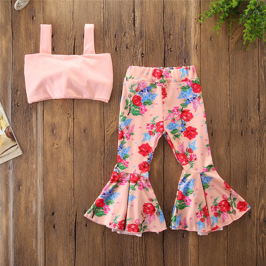 

2019 New Sun Tank Top Bellbottom Pants Floral Flower Coral Orange 2-piece