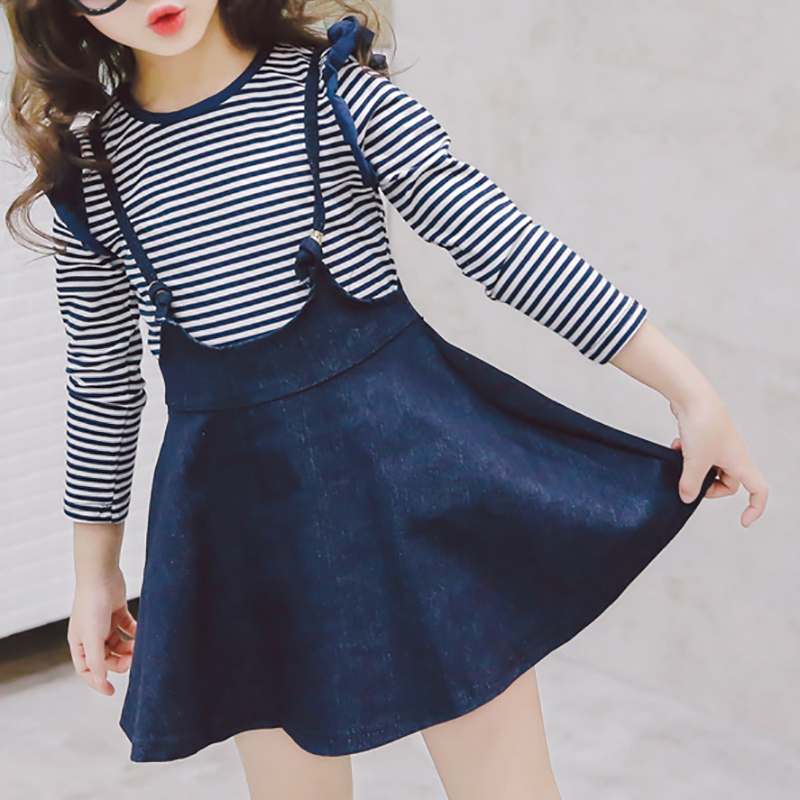 

Spring Striped Long-sleeve and Strappy Cowboy Set for Girl