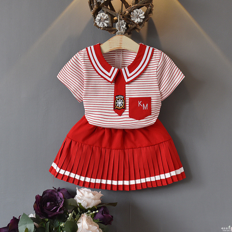 

Girl's Summer Korean Striped Short-sleeve and Flounced Skirt Set