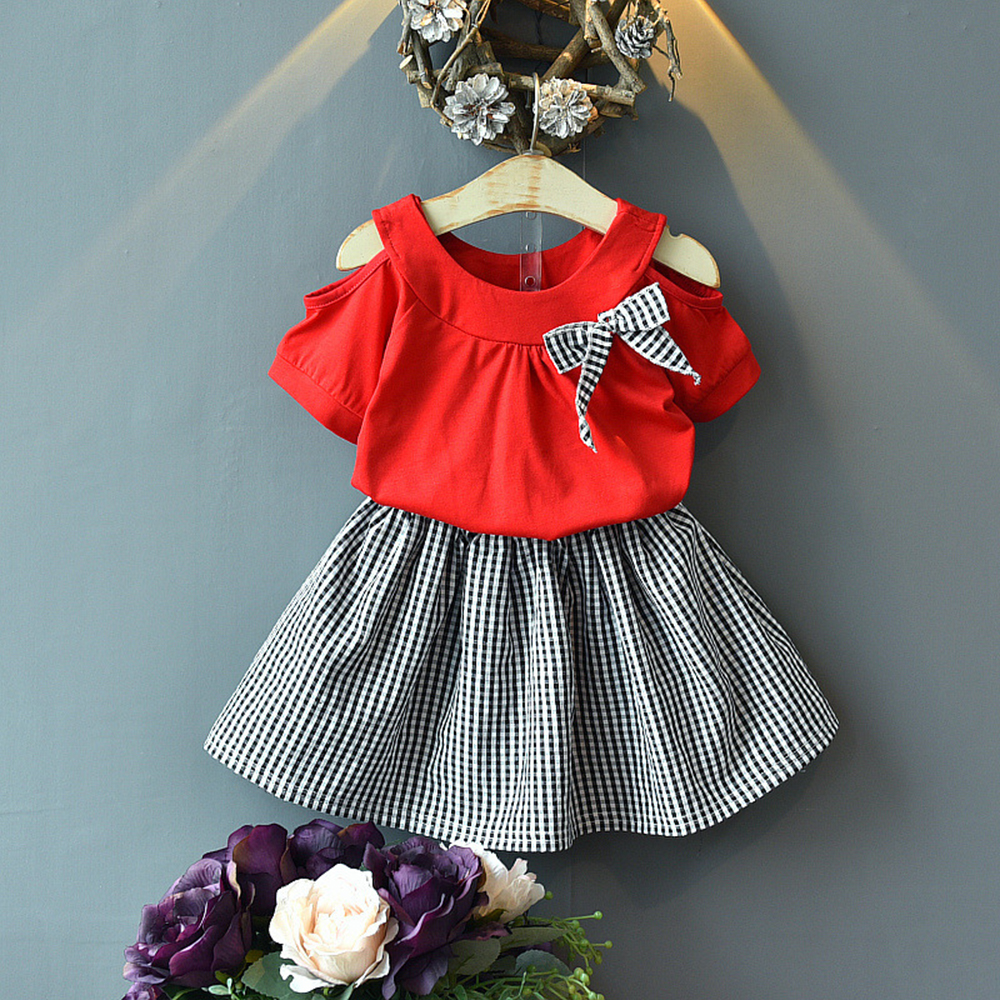 

Baby / Toddler Girl Bow Decor Armhole Solid Short-sleeve Top and Plaid Skirt Set