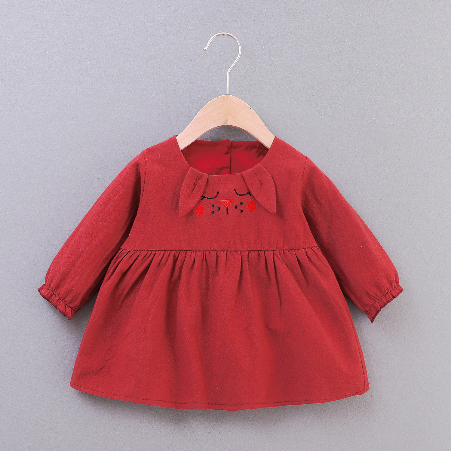 

Baby Sweet Solid Bunny Collar Embroidered Princess Long-sleeve Dress