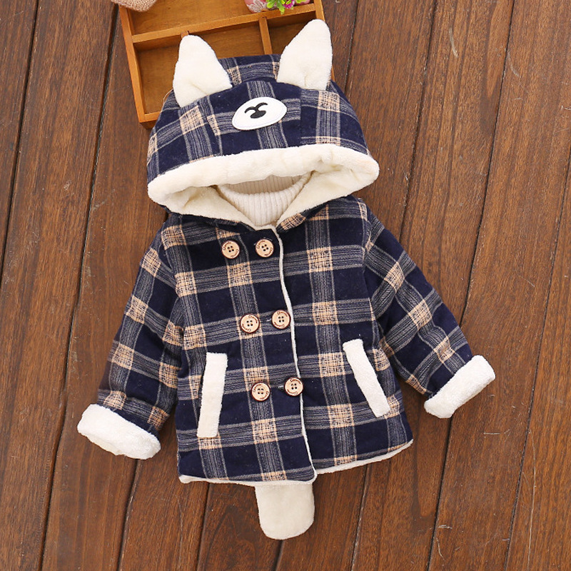 

Baby / Toddler 3D Ear Decor Plaid Long-sleeve Hooded Coat
