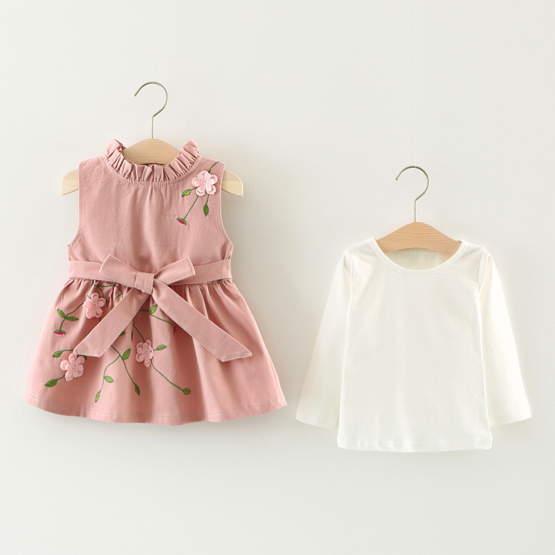 

2-piece Baby / Toddler Sweet Solid Blouse and Floral Embroidered Bowknot Decor Dress Set