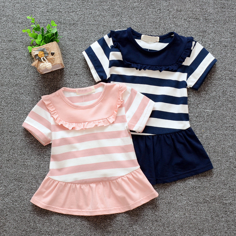 

2019 New Flounce Stripe Short-sleeve Baby Girls Dresses