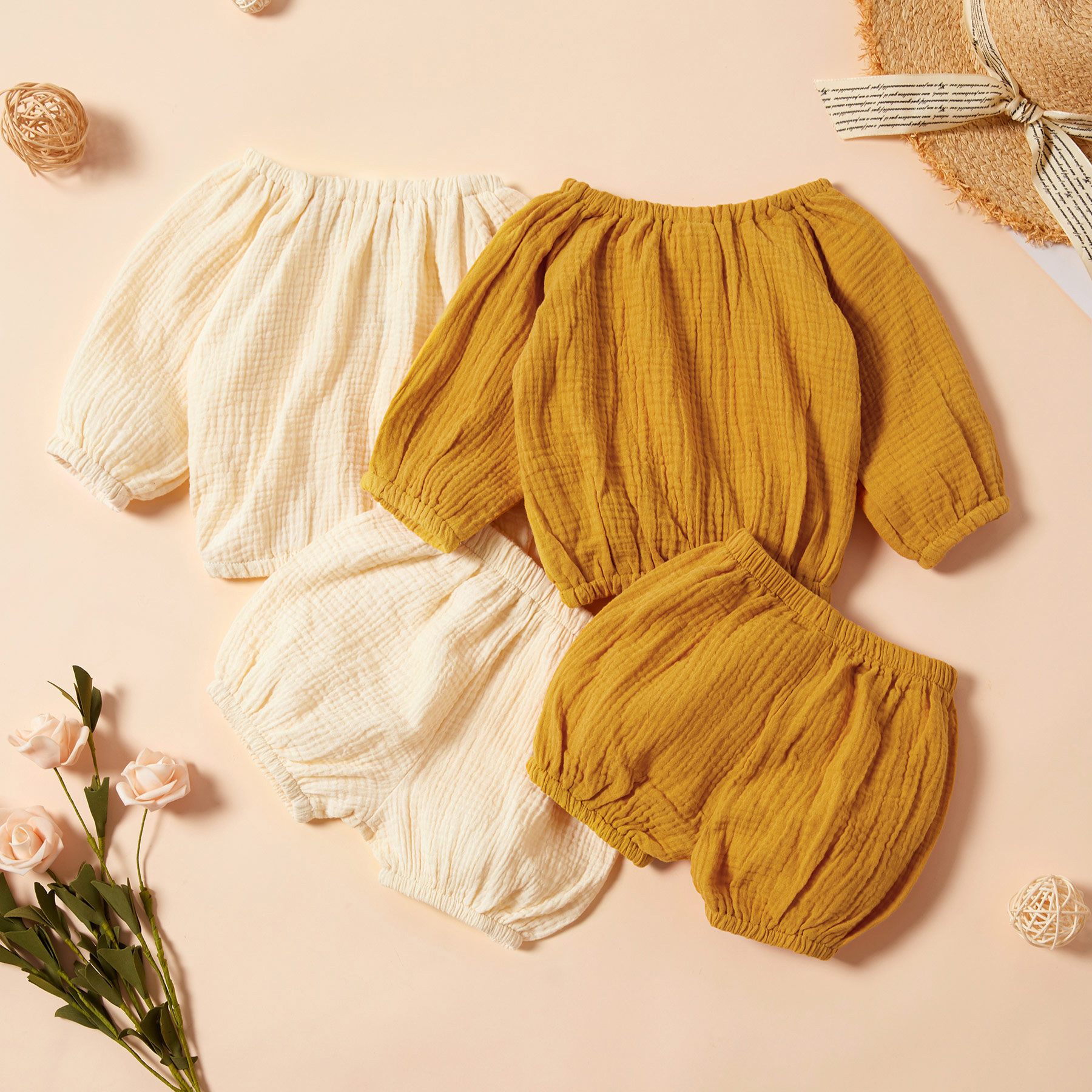 

Baby Casual Solid Linen Off Shoulder Top and Shorts Set
