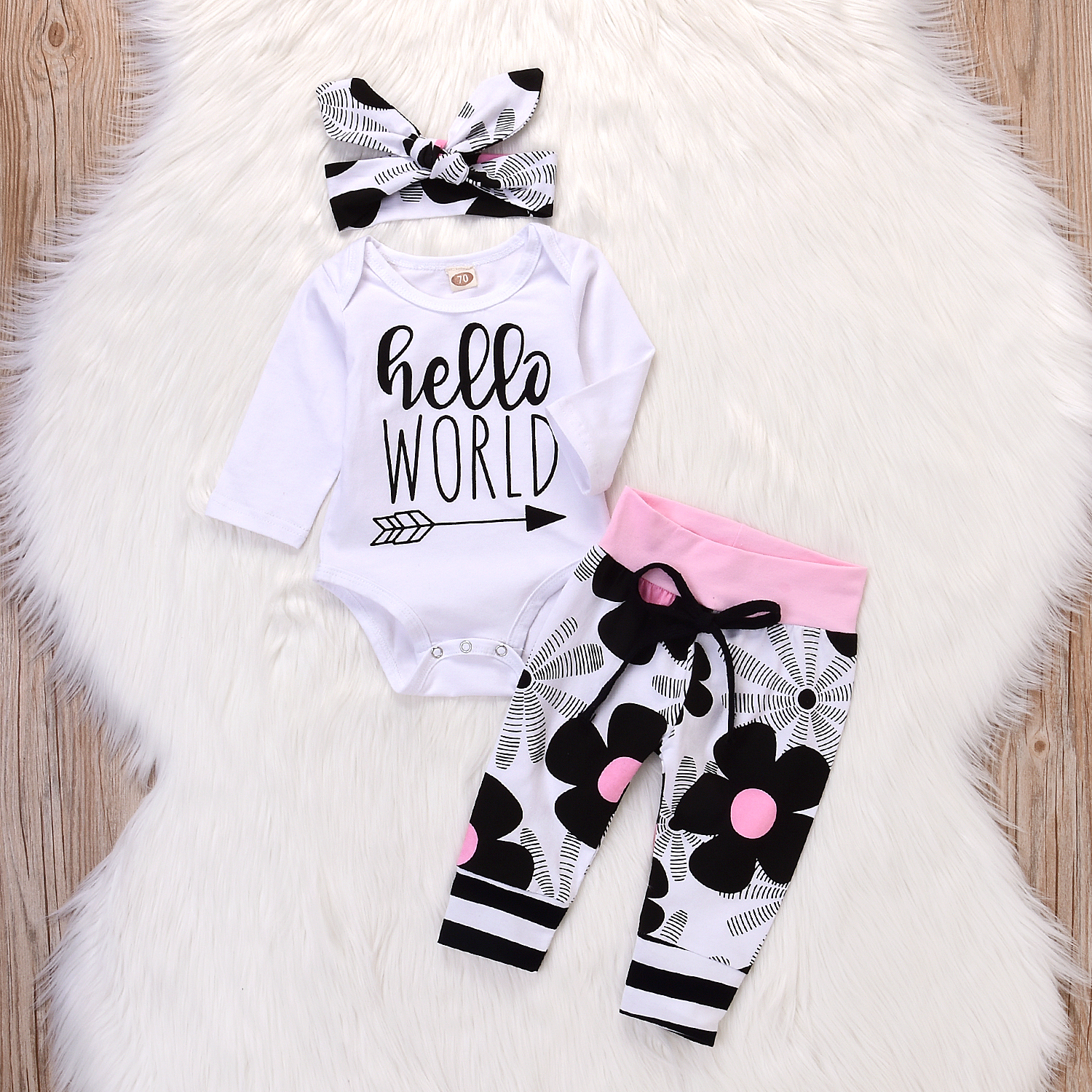 

3-piece Casual Letter Print Long-sleeve Bodysuit, Floral Pants and Headband Set