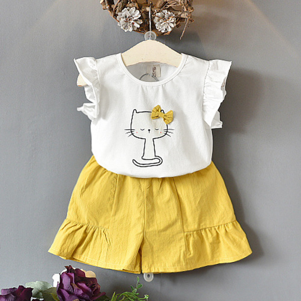 

2-piece Ruffle Sleeves Cat Tee and Shorts Set