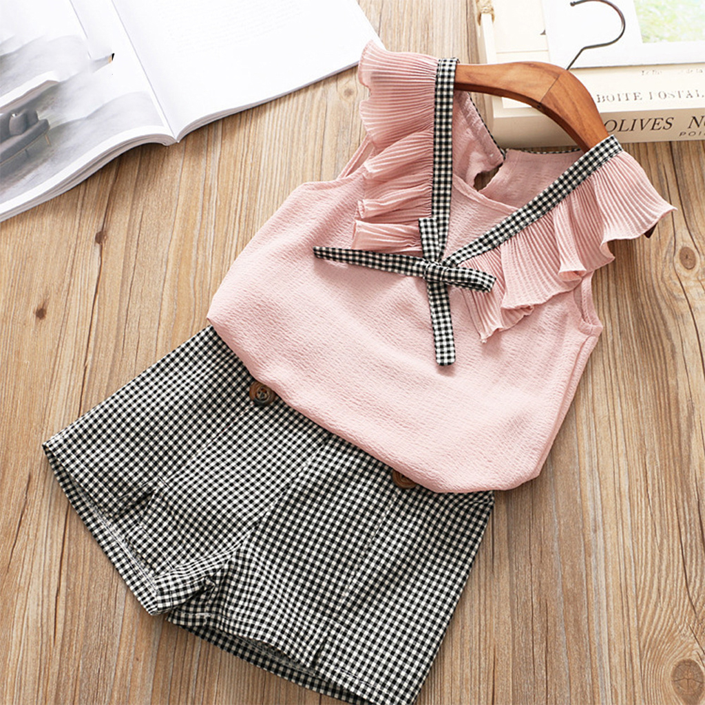 

2-piece Ruffle-sleeve Top and Plaid Shorts Set for Toddler Girl / Girl