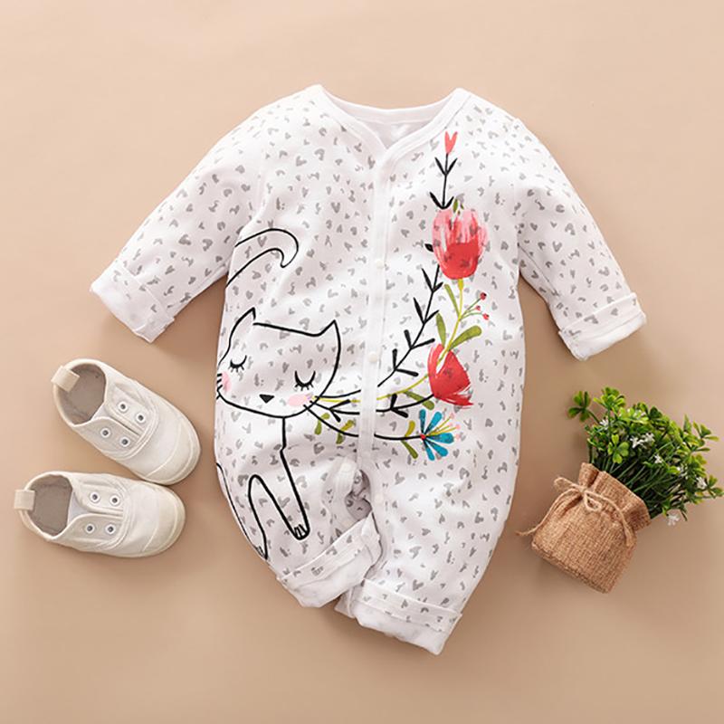 

Baby Girl Lovely Cat and Rose Print Long-sleeve Jumpsuit