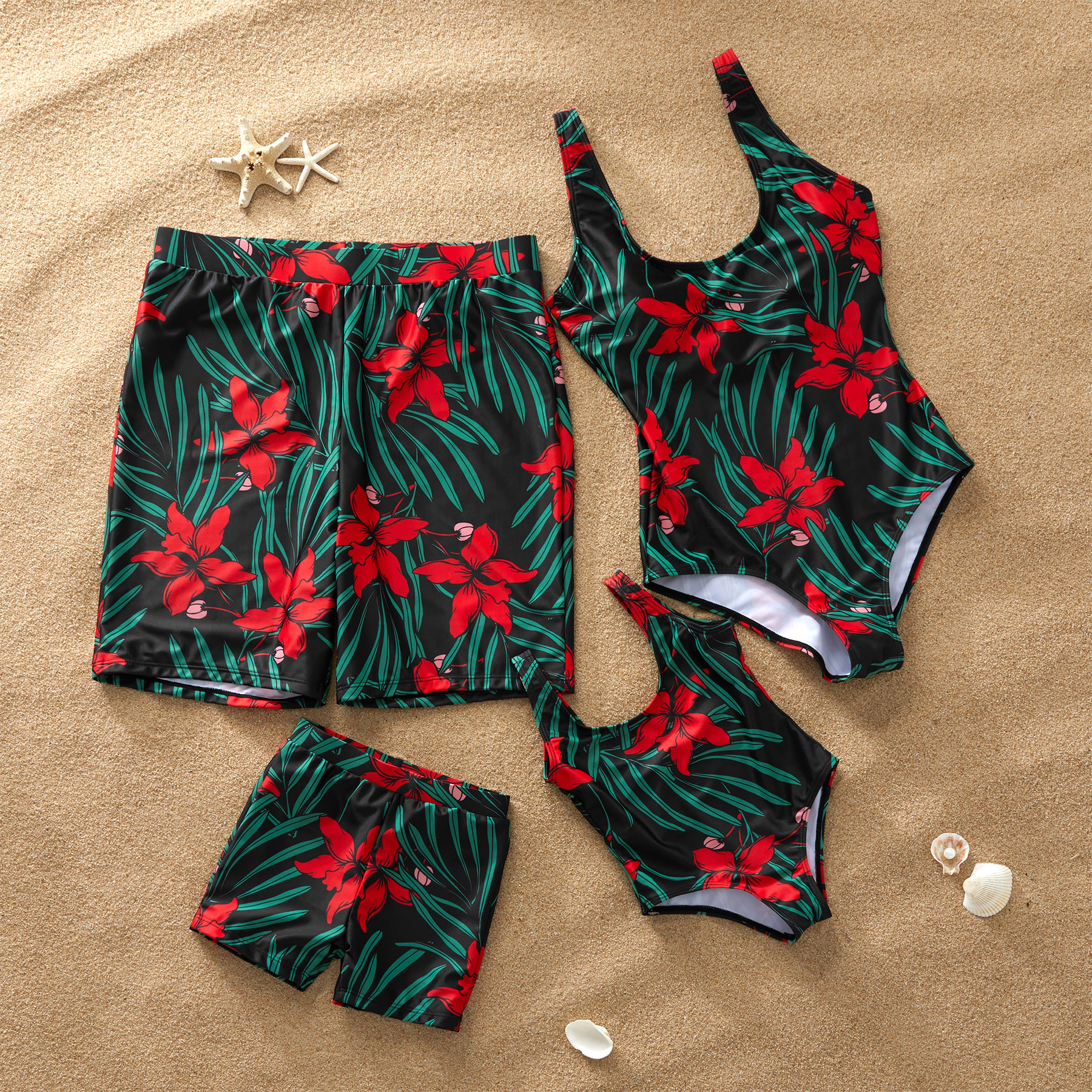 

Red Floral Printed Matching Swimsuit for Summer
