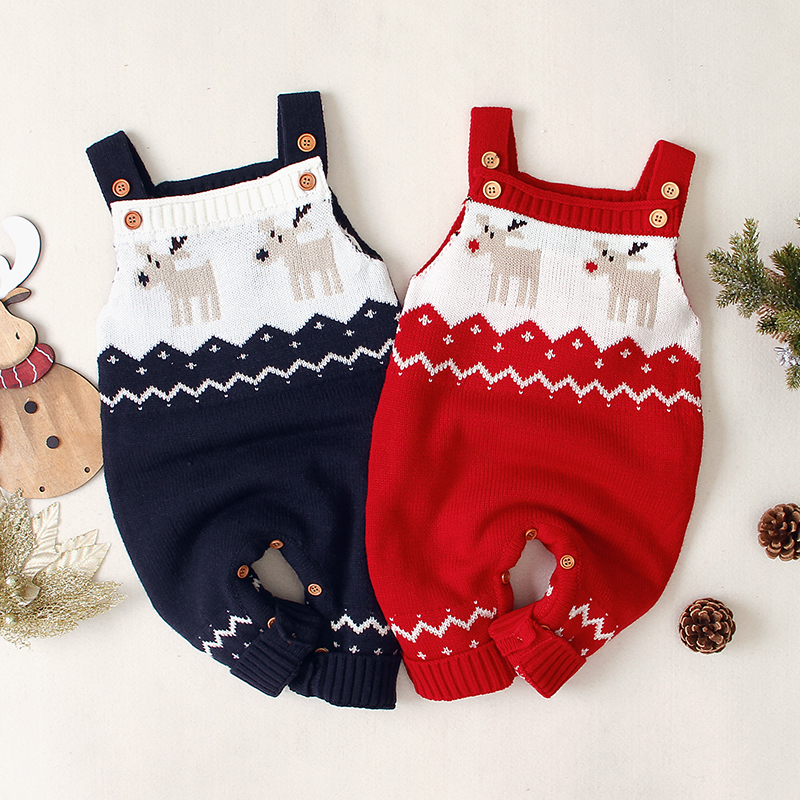 

Baby Boy / Girl Christmas Newborn Cotton Style Knitted Reindeer Embroidery Sleeveless Jumpsuit