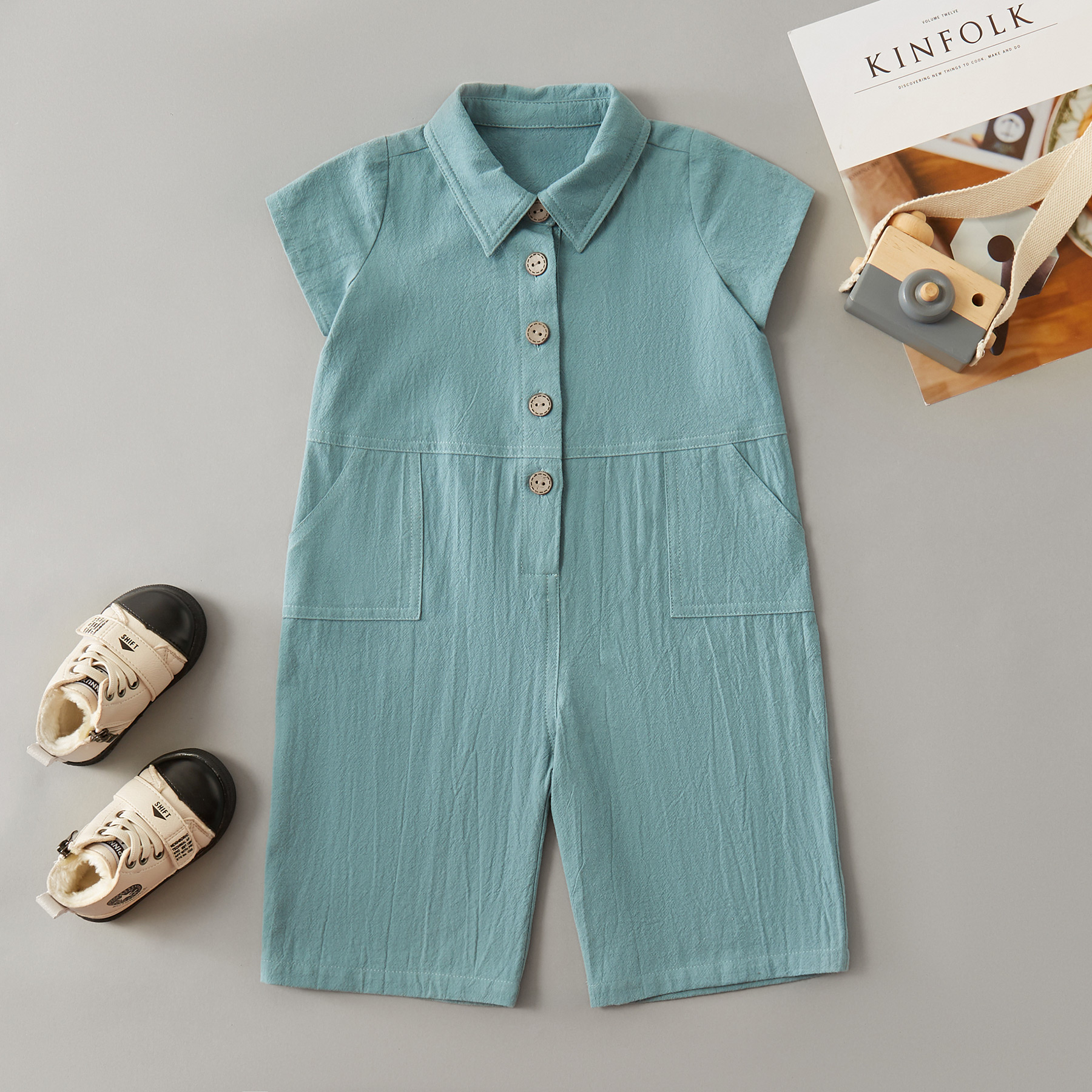 

Baby Girl Solid Cardigan Polo Collar Short-sleeve Bodysuit